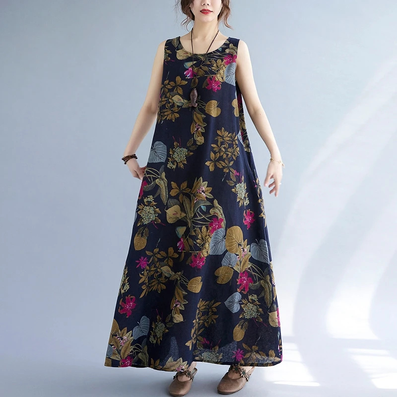 夏の花柄プリントコットンリネン、ノースリーブルーズフィットワ - Sundress Midi Floral のレビューと価格