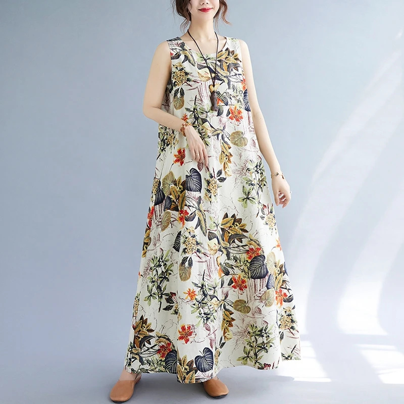 夏の花柄プリントコットンリネン、ノースリーブルーズフィットワ - Sundress Midi Floral のレビューと価格