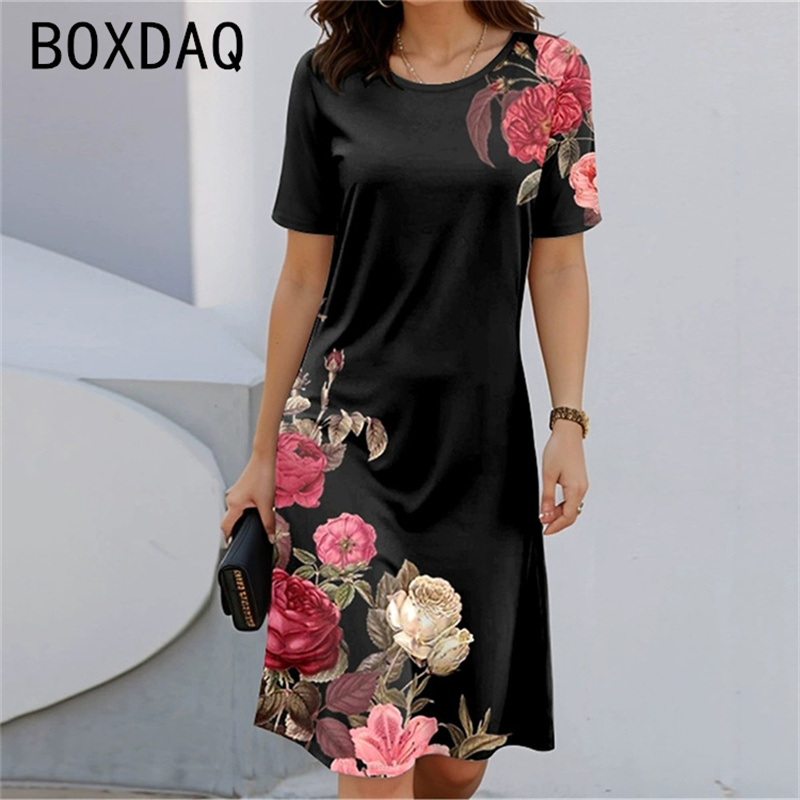 ボヘミアンスタイル半袖ラウンドネック花柄 A ラインドレス女 - Sundress Midi Floral のレビューと価格