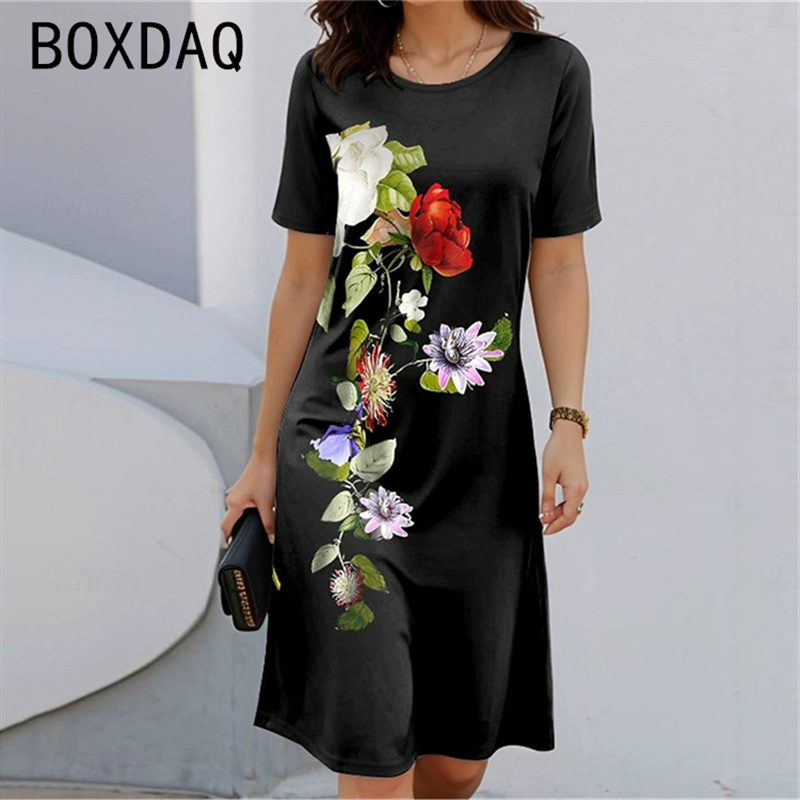 ボヘミアンスタイル半袖ラウンドネック花柄 A ラインドレス女 - Sundress Midi Floral のレビューと価格