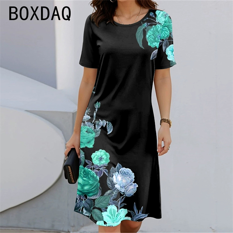 ボヘミアンスタイル半袖ラウンドネック花柄 A ラインドレス女 - Sundress Midi Floral のレビューと価格