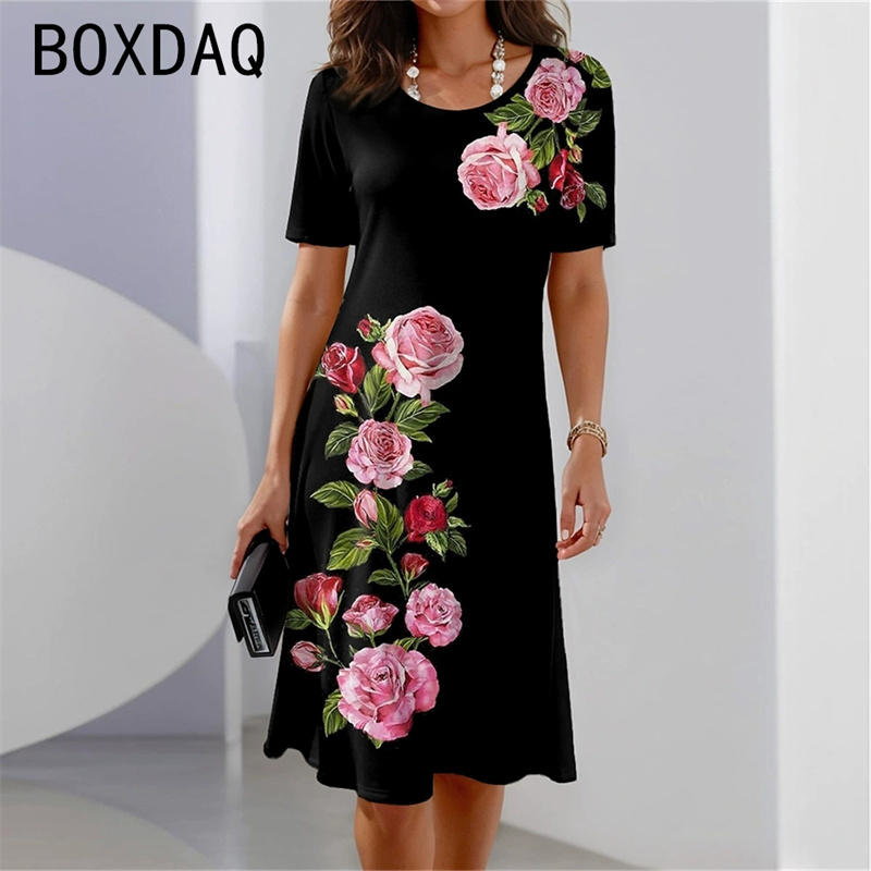 ボヘミアンスタイル半袖ラウンドネック花柄 A ラインドレス女 - Sundress Midi Floral のレビューと価格