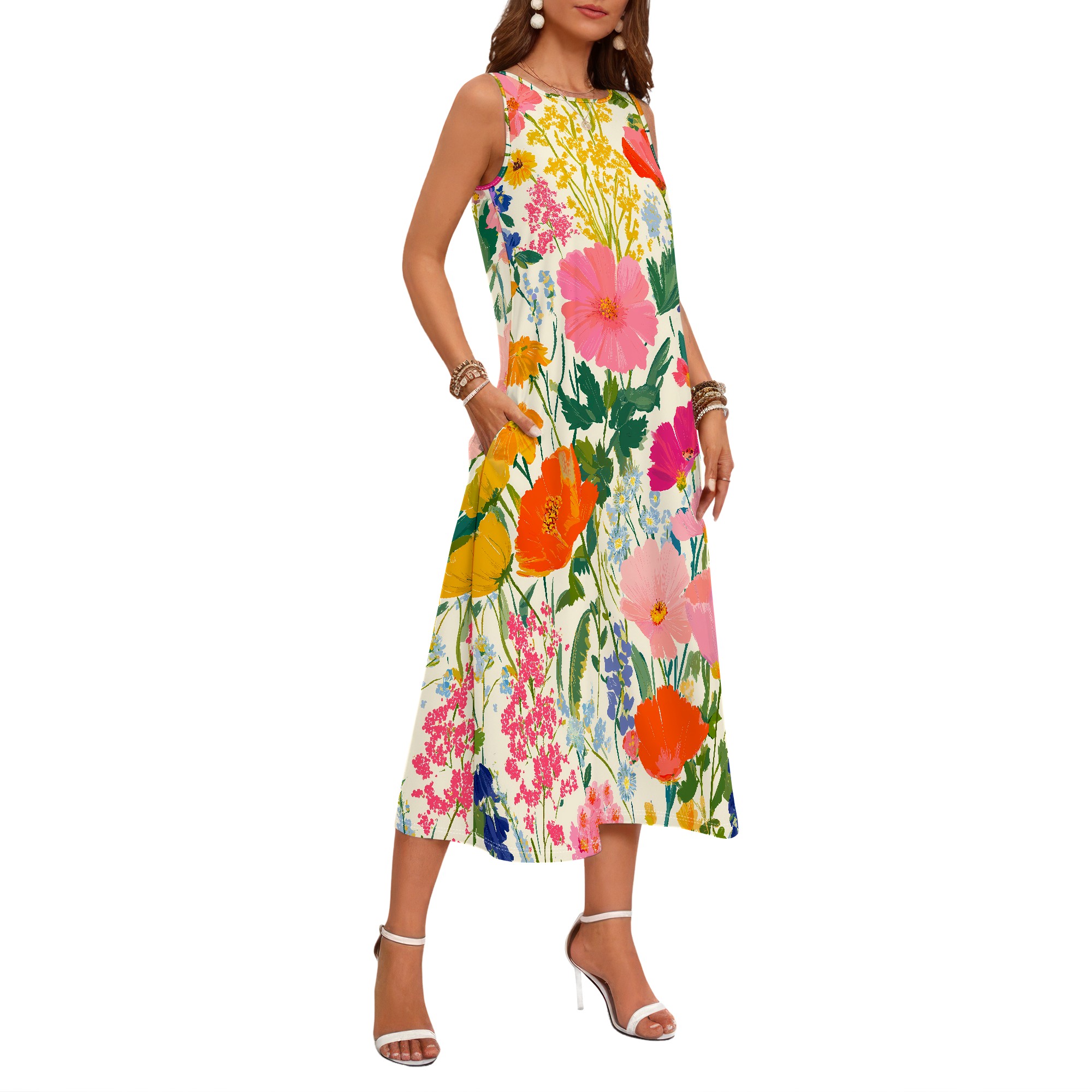 花柄ノースリーブドレス、鮮やかな花柄ミディドレス、ポケット付 - Sundress Midi Floral のレビューと価格