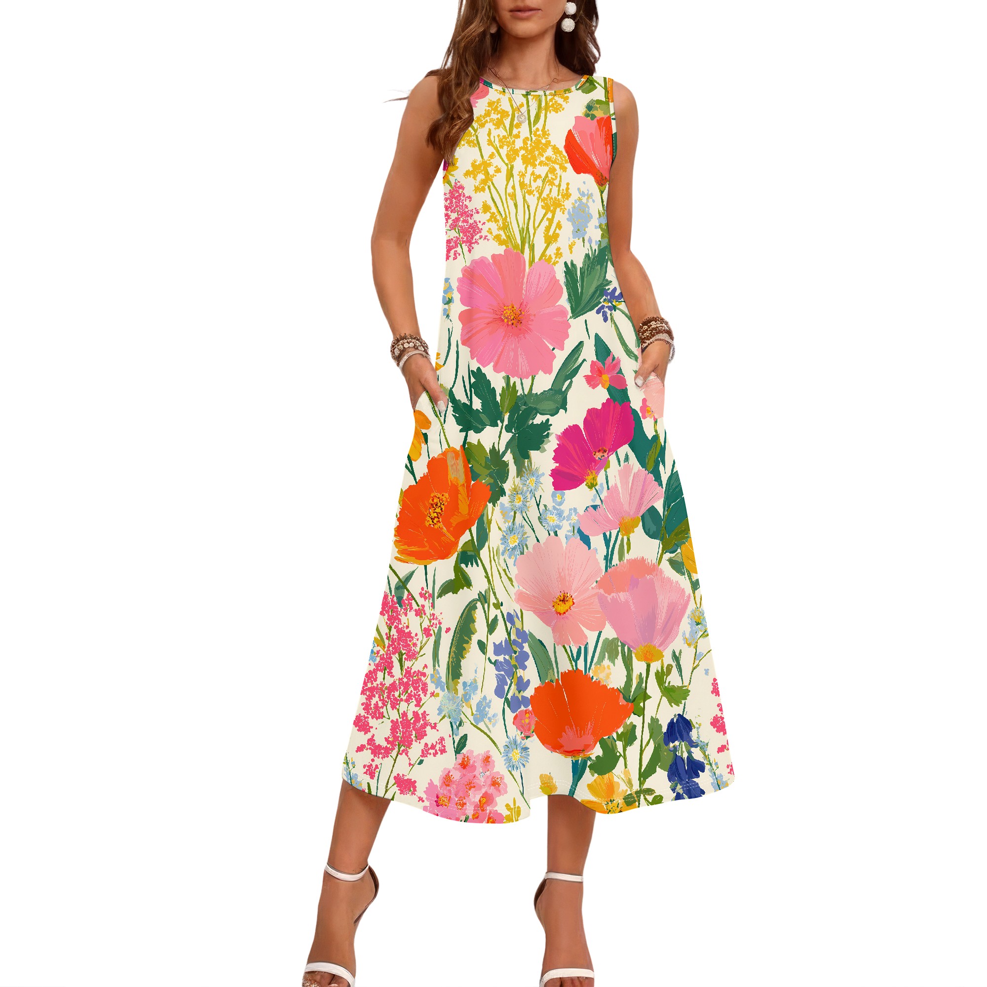 花柄ノースリーブドレス、鮮やかな花柄ミディドレス、ポケット付 - Sundress Midi Floral のレビューと価格