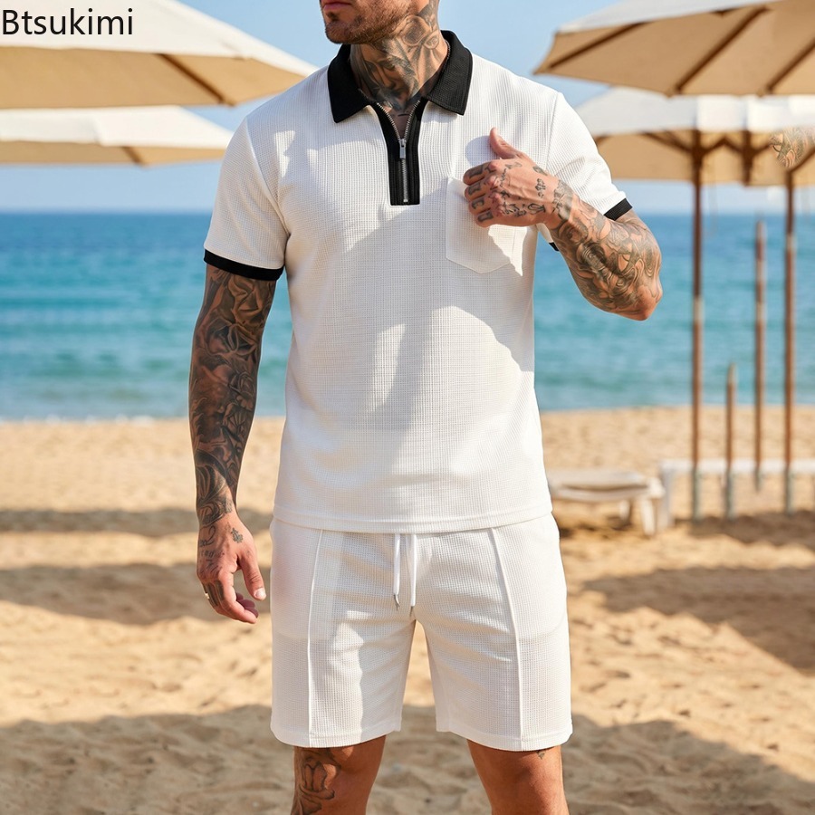 メンズワッフルカラーポロ半袖ショーツセットビーチ休暇カジュア - Summer Clothing Wear のレビューと価格