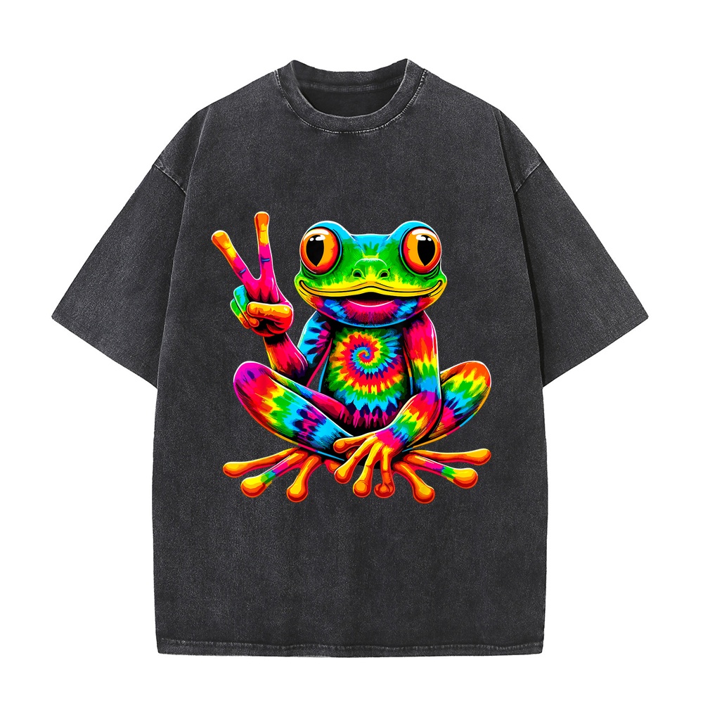 タイダイ柄の蛙と平和のシンボルがプリントされた、ヒッピー風の - Summer Clothing Staples のレビューと価格