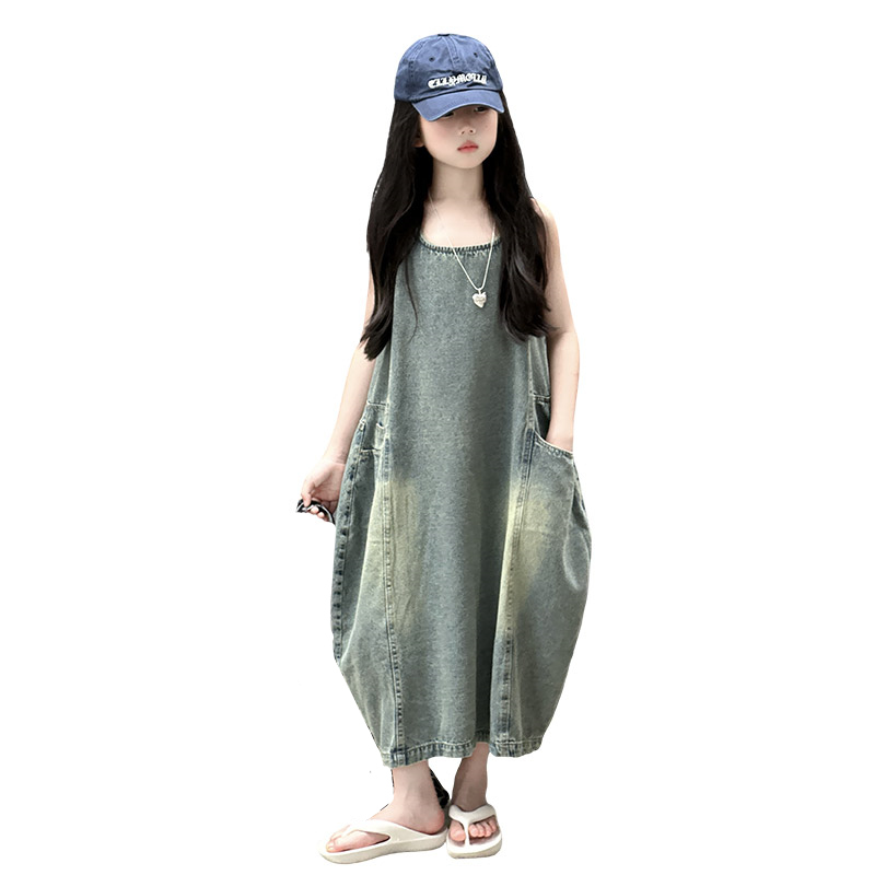 ヴィンテージブルー子供女の子高品質ノースリーブデニムドレスス - Summer Kids Clothing のレビューと価格
