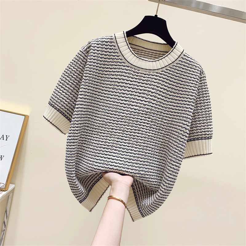女性用ストライプセーター,女性用半袖ニットセーター,ゆったり - Summer Clothing Yarn のレビューと価格
