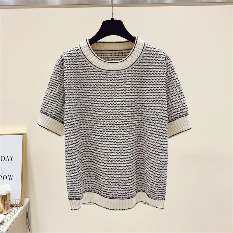 女性用ストライプセーター,女性用半袖ニットセーター,ゆったり - Summer Clothing Yarn のレビューと価格