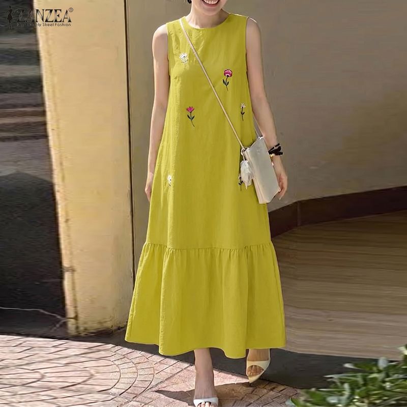 女性カジュアル O ネックノースリーブドレス ZANZEA  - Sundress Midi Floral のレビューと価格