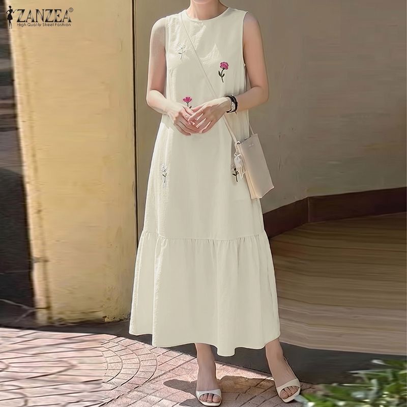 女性カジュアル O ネックノースリーブドレス ZANZEA  - Sundress Midi Floral のレビューと価格