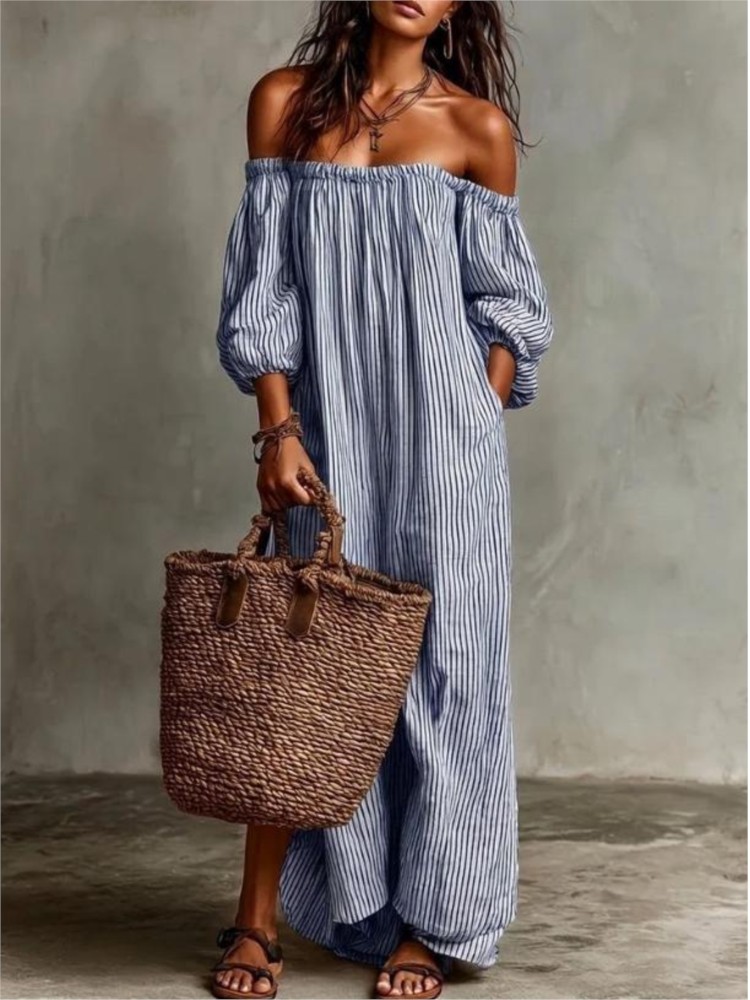 フェミニンなオフショルダーパフスリーブロングドレス 2026 - Summer Clothing H&M のレビューと価格