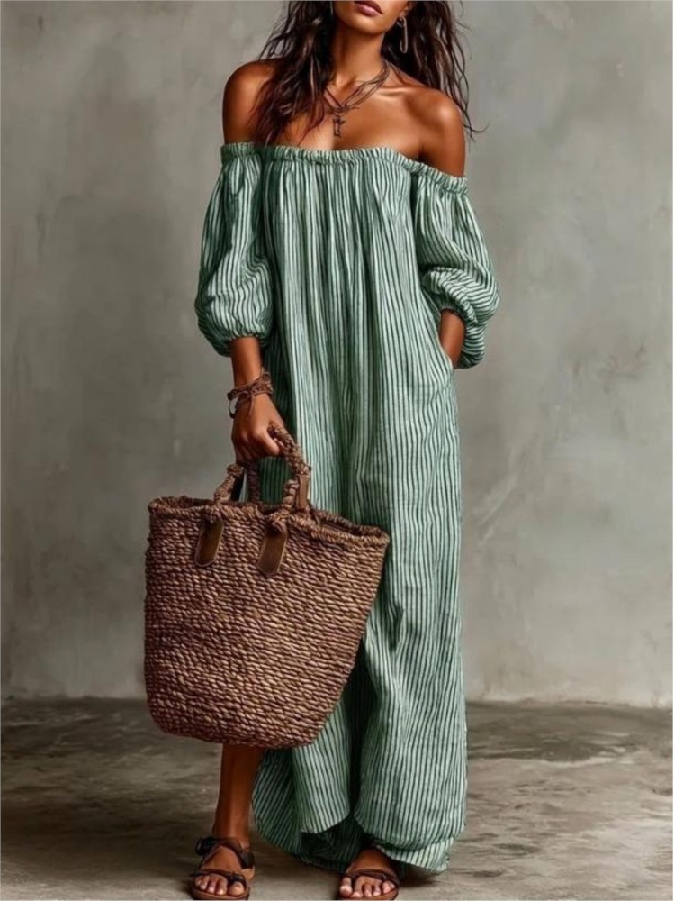 フェミニンなオフショルダーパフスリーブロングドレス 2026 - Summer Clothing H&M のレビューと価格