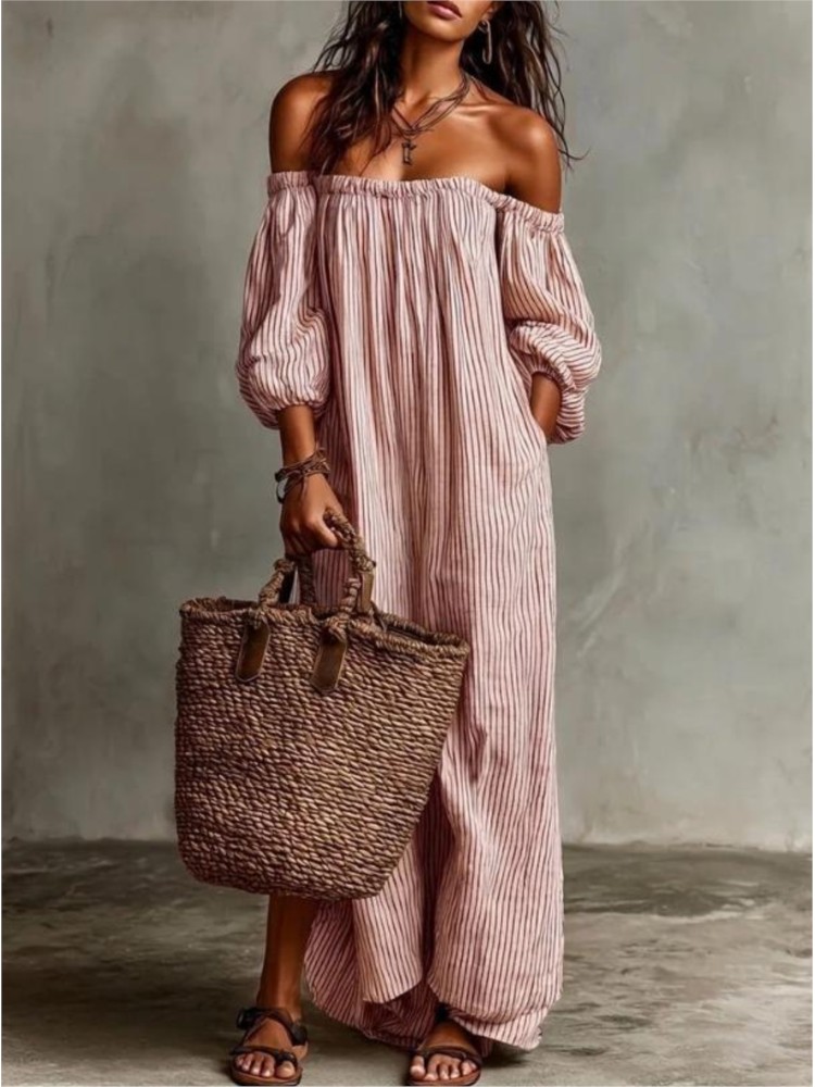 フェミニンなオフショルダーパフスリーブロングドレス 2026 - Summer Clothing H&M のレビューと価格
